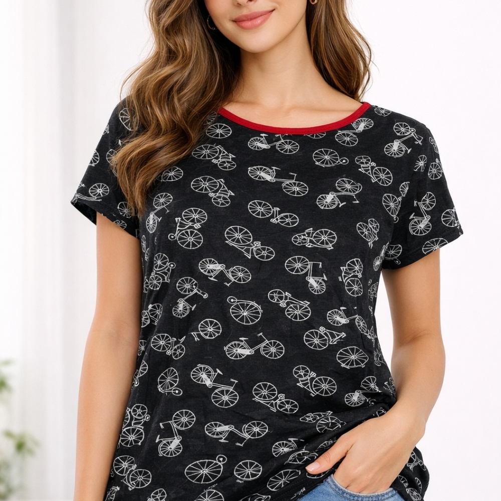 W5 Black Bicycle Print Tee with Red Neckline